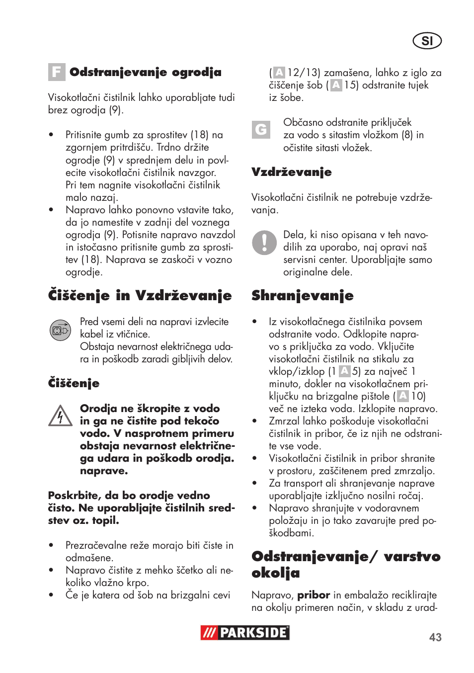 Čiščenje in vzdrževanje, Shranjevanje, Odstranjevanje/ varstvo okolja | Parkside PHD 100 B2 User Manual | Page 43 / 88