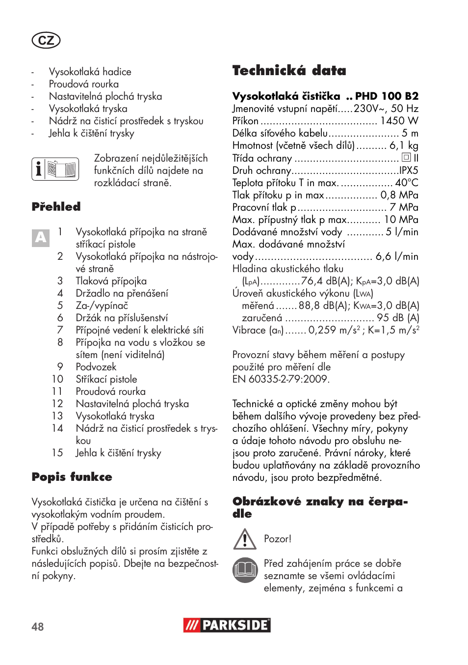 Technická data | Parkside PHD 100 B2 User Manual | Page 48 / 88