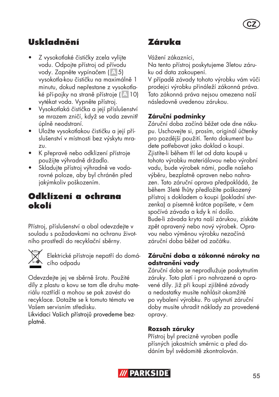 Uskladnění, Odklízení a ochrana okolí, Záruka | Parkside PHD 100 B2 User Manual | Page 55 / 88