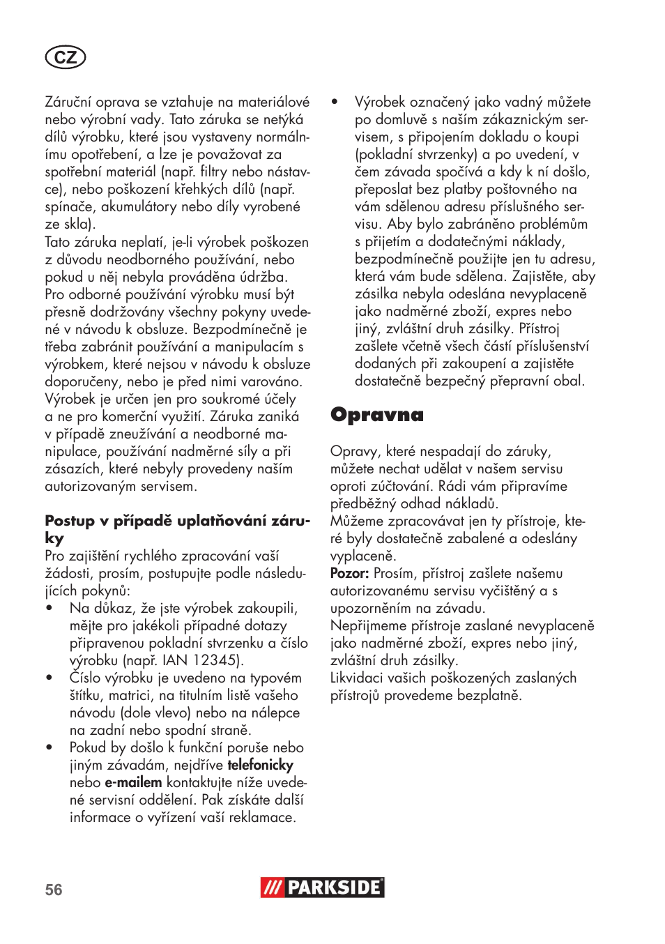 Opravna | Parkside PHD 100 B2 User Manual | Page 56 / 88