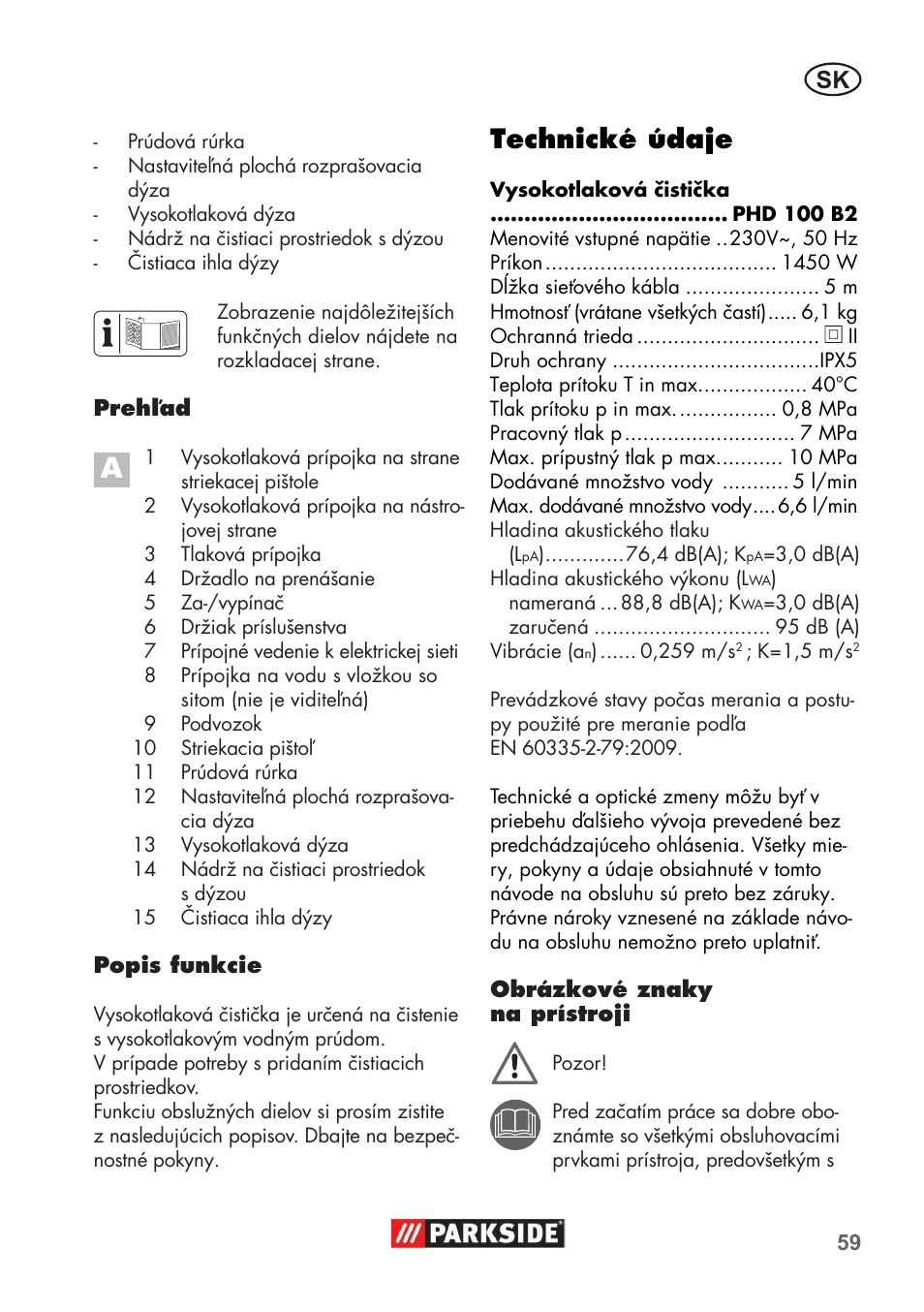 Technické údaje | Parkside PHD 100 B2 User Manual | Page 59 / 88