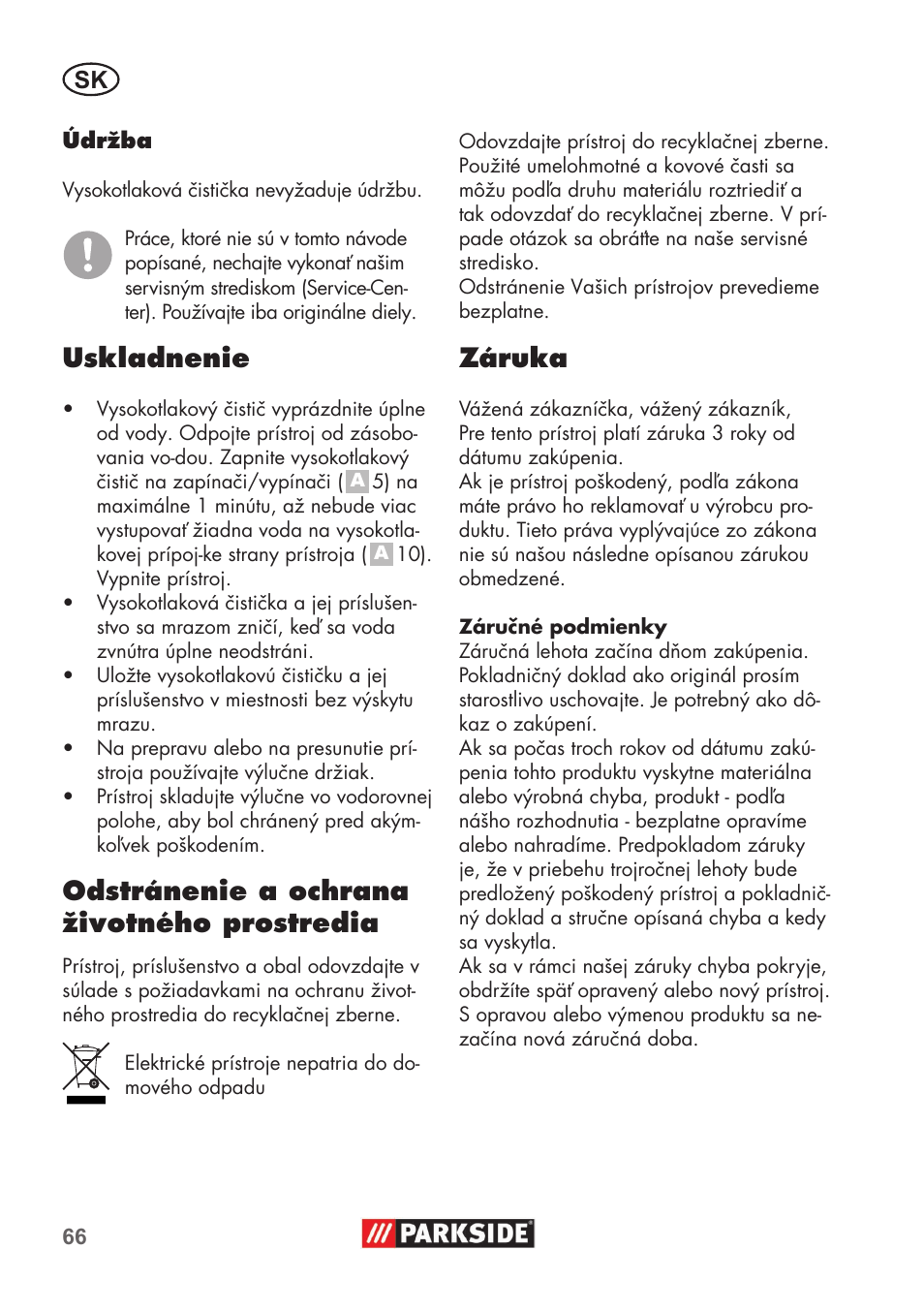 Uskladnenie, Odstránenie a ochrana životného prostredia, Záruka | Parkside PHD 100 B2 User Manual | Page 66 / 88