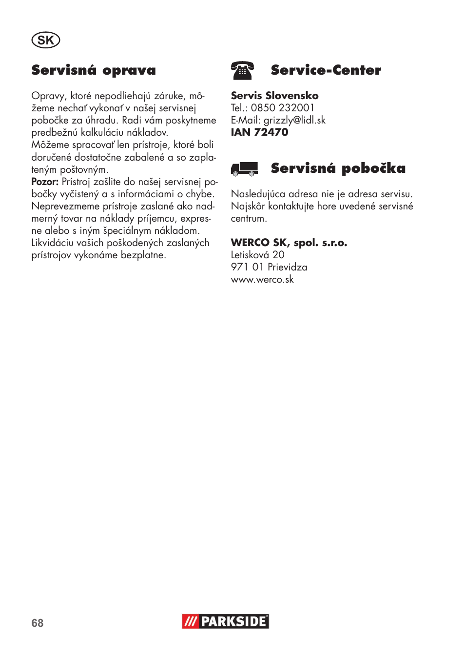 Servisná oprava, Service-center, Servisná pobočka | Parkside PHD 100 B2 User Manual | Page 68 / 88
