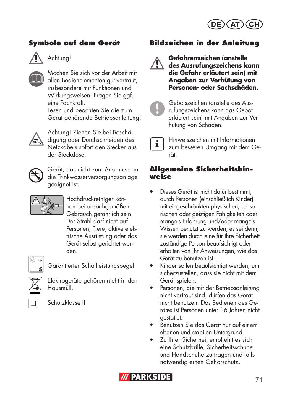 De at ch | Parkside PHD 100 B2 User Manual | Page 71 / 88
