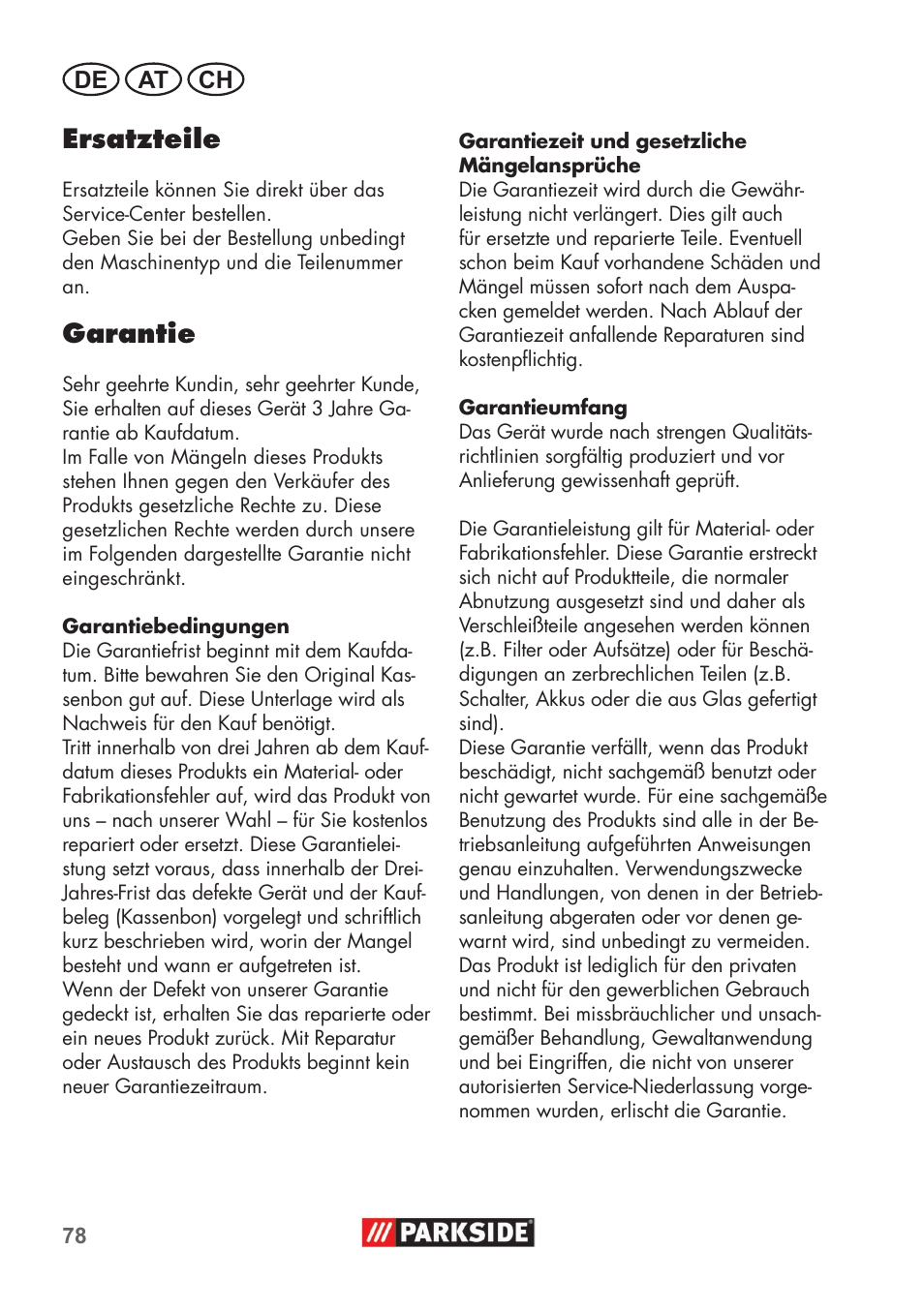 Ersatzteile, Garantie, De at ch | Parkside PHD 100 B2 User Manual | Page 78 / 88