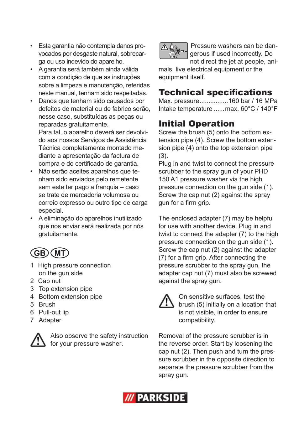 Technical specifications, Initial operation, Gb mt | Parkside Pressure Washer Attachment User Manual | Page 5 / 8