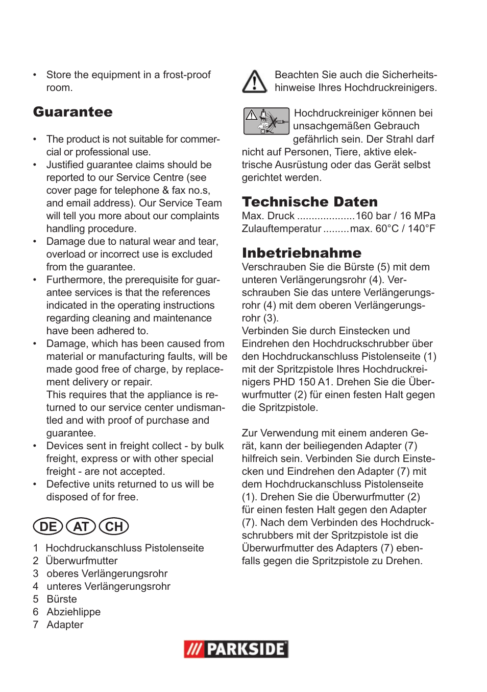 Guarantee, Technische daten, Inbetriebnahme | De at ch | Parkside Pressure Washer Attachment User Manual | Page 6 / 8