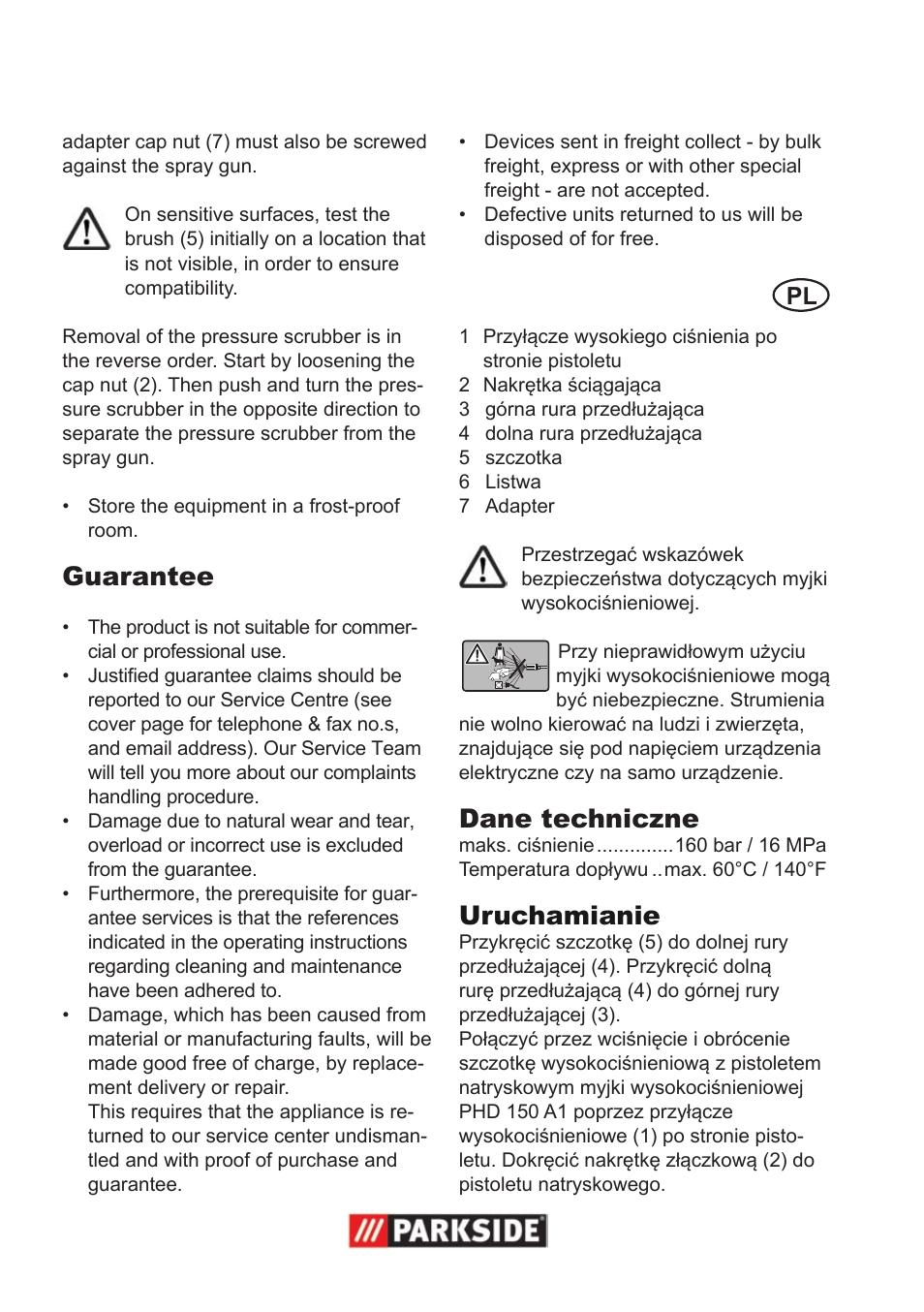 Guarantee, Dane techniczne, Uruchamianie | Parkside Pressure Washer Attachment User Manual | Page 2 / 12