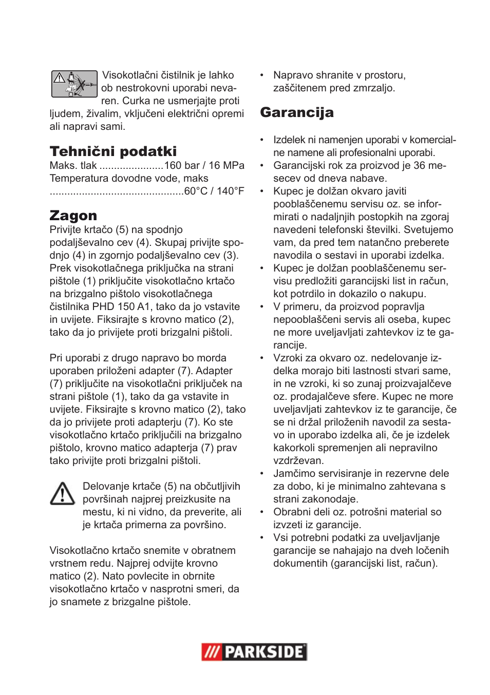 Tehnični podatki, Zagon, Garancija | Parkside Pressure Washer Attachment User Manual | Page 5 / 12