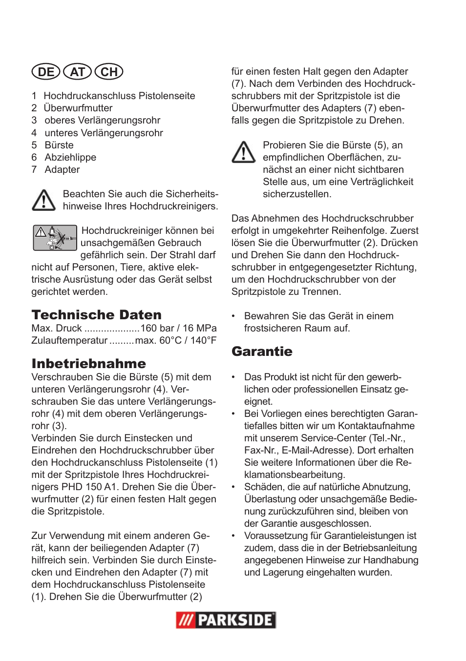 Technische daten, Inbetriebnahme, Garantie | De at ch | Parkside Pressure Washer Attachment User Manual | Page 8 / 12