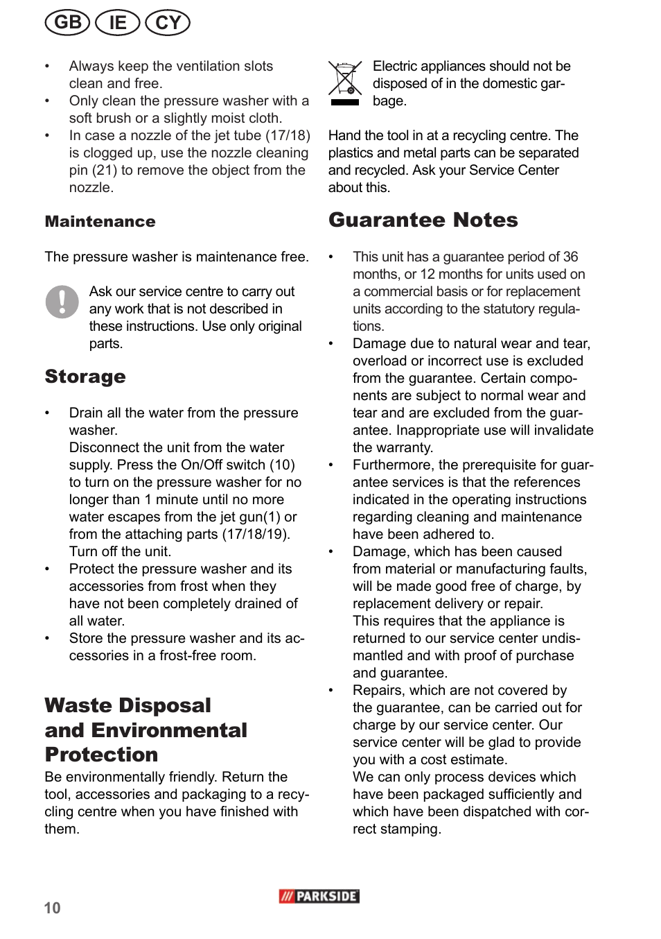 Waste disposal and environmental protection, Ie gb cy, Storage | Parkside PHD 150 A1 User Manual | Page 10 / 26