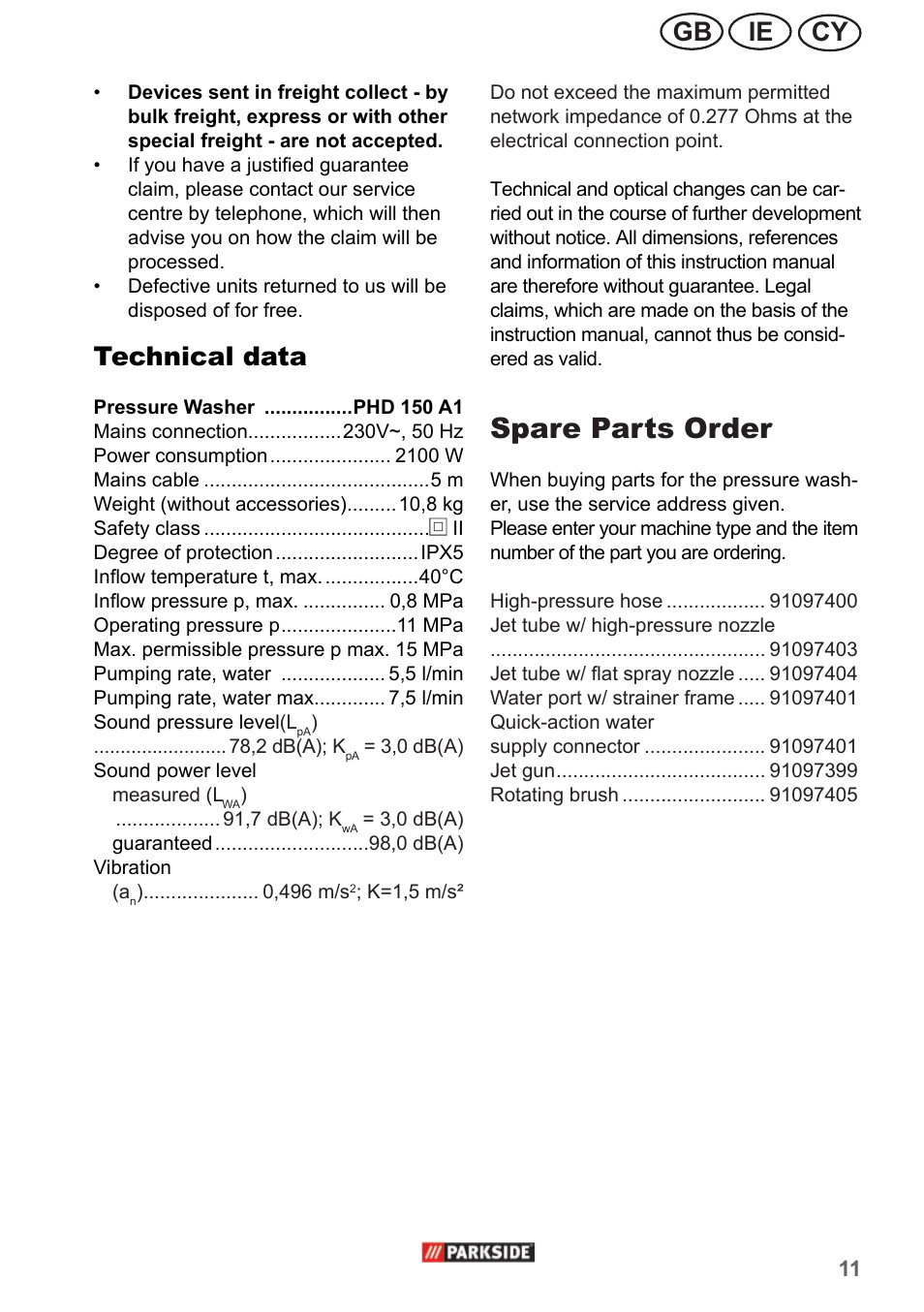 Spare parts order, Cy ie gb, Technical data | Parkside PHD 150 A1 User Manual | Page 11 / 26