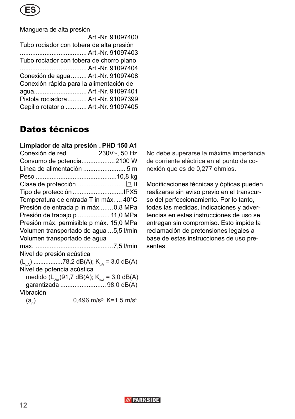 Datos técnicos | Parkside PHD 150 A1 User Manual | Page 12 / 58
