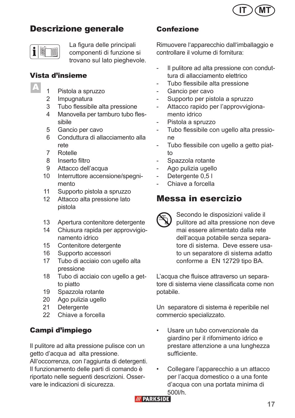 Mt it descrizione generale, Messa in esercizio | Parkside PHD 150 A1 User Manual | Page 17 / 58