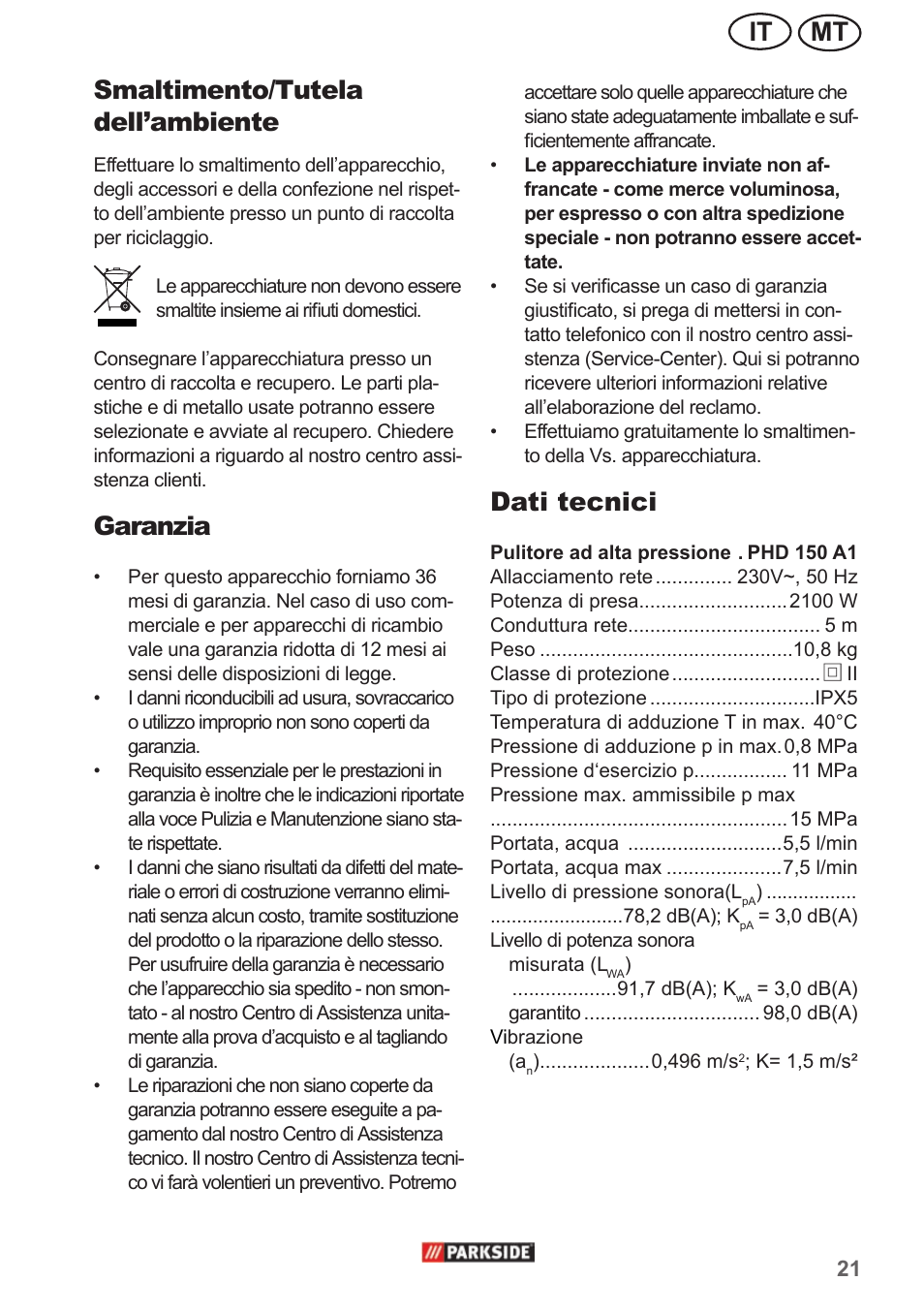 Mt it smaltimento/tutela dell’ambiente, Garanzia, Dati tecnici | Parkside PHD 150 A1 User Manual | Page 21 / 58
