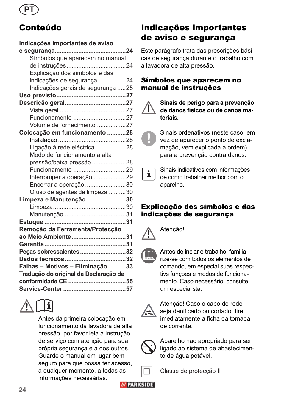 Pt indicações importantes de aviso e segurança, Conteúdo | Parkside PHD 150 A1 User Manual | Page 24 / 58