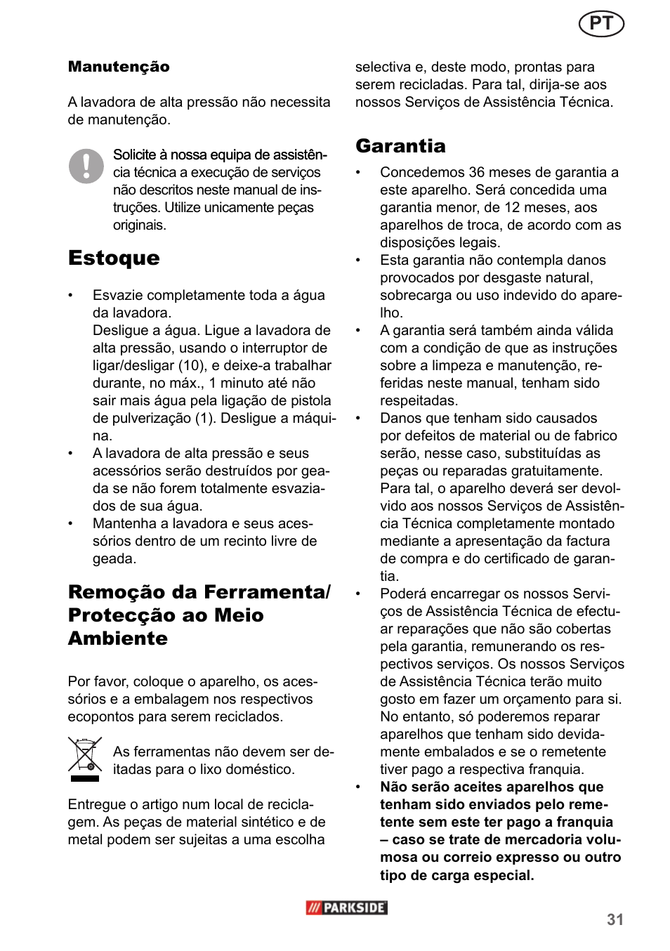 Estoque, Remoção da ferramenta/ protecção ao meio ambiente, Garantia | Parkside PHD 150 A1 User Manual | Page 31 / 58