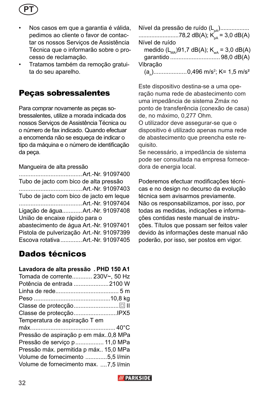 Peças sobressalentes, Dados técnicos | Parkside PHD 150 A1 User Manual | Page 32 / 58
