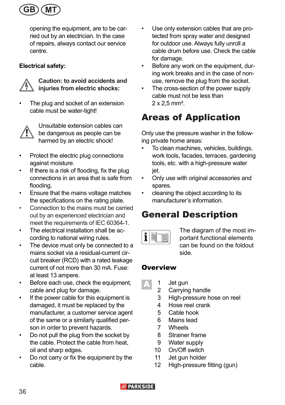 Areas of application, General description, Mt gb | Parkside PHD 150 A1 User Manual | Page 36 / 58