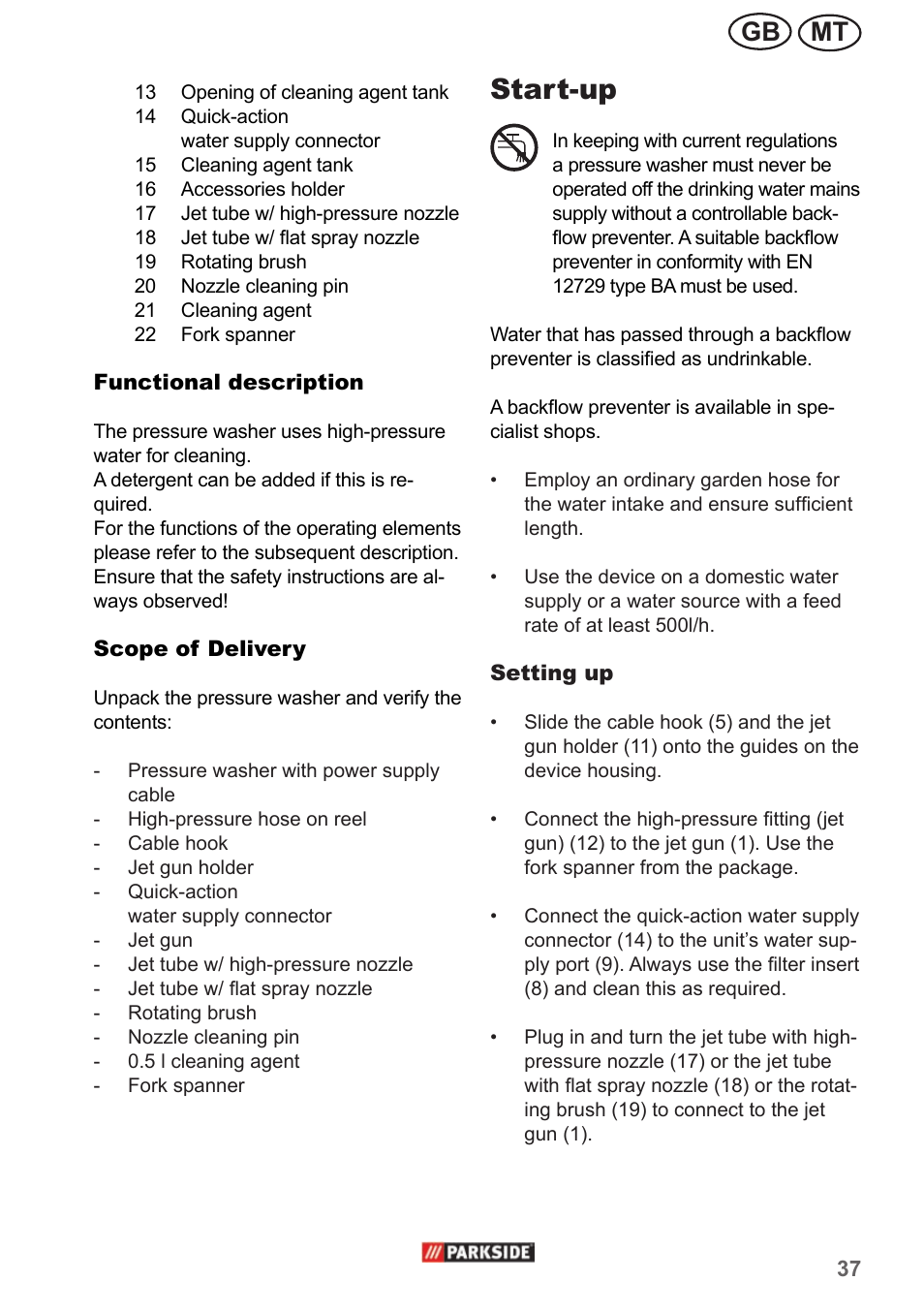 Start-up, Mt gb | Parkside PHD 150 A1 User Manual | Page 37 / 58