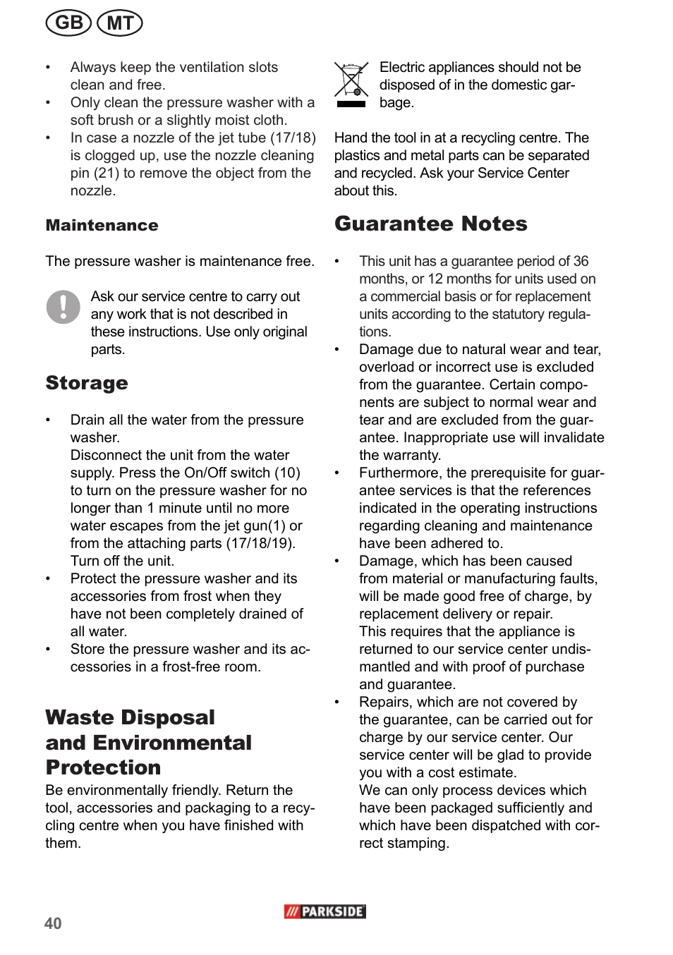 Waste disposal and environmental protection, Mt gb, Storage | Parkside PHD 150 A1 User Manual | Page 40 / 58