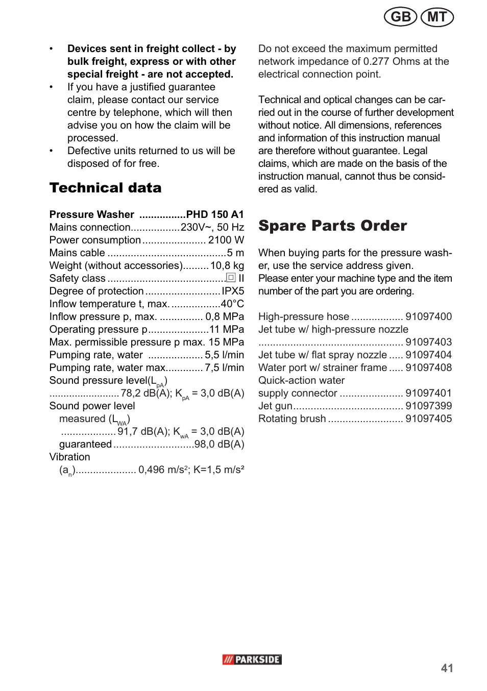 Spare parts order, Mt gb, Technical data | Parkside PHD 150 A1 User Manual | Page 41 / 58