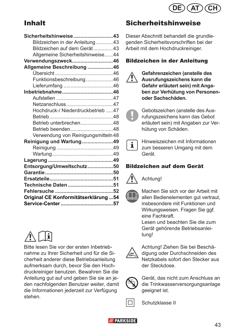 Ch at de sicherheitshinweise, Inhalt | Parkside PHD 150 A1 User Manual | Page 43 / 58