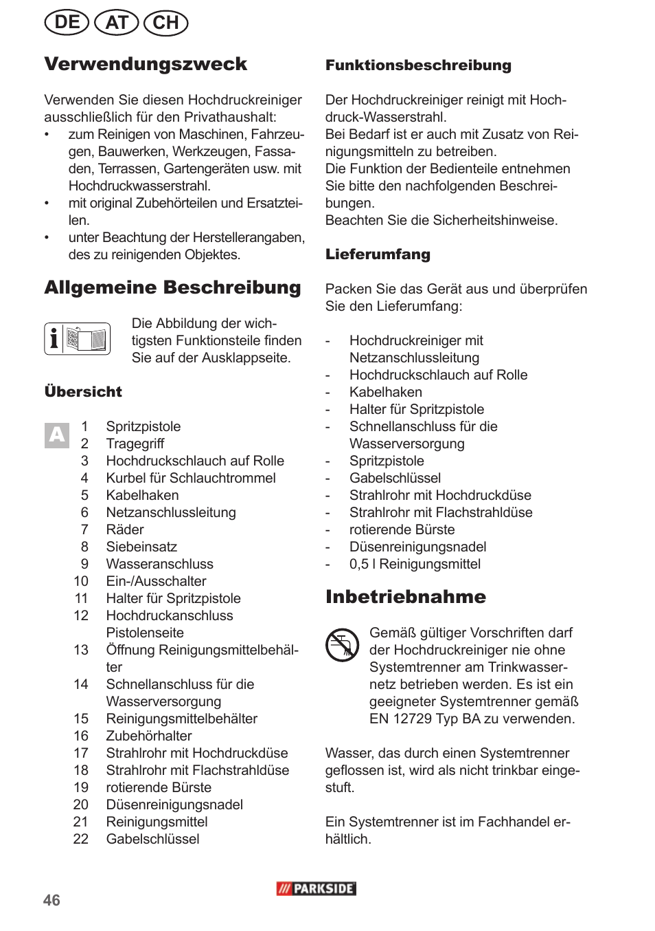 Ch at de verwendungszweck, Allgemeine beschreibung, Inbetriebnahme | Parkside PHD 150 A1 User Manual | Page 46 / 58