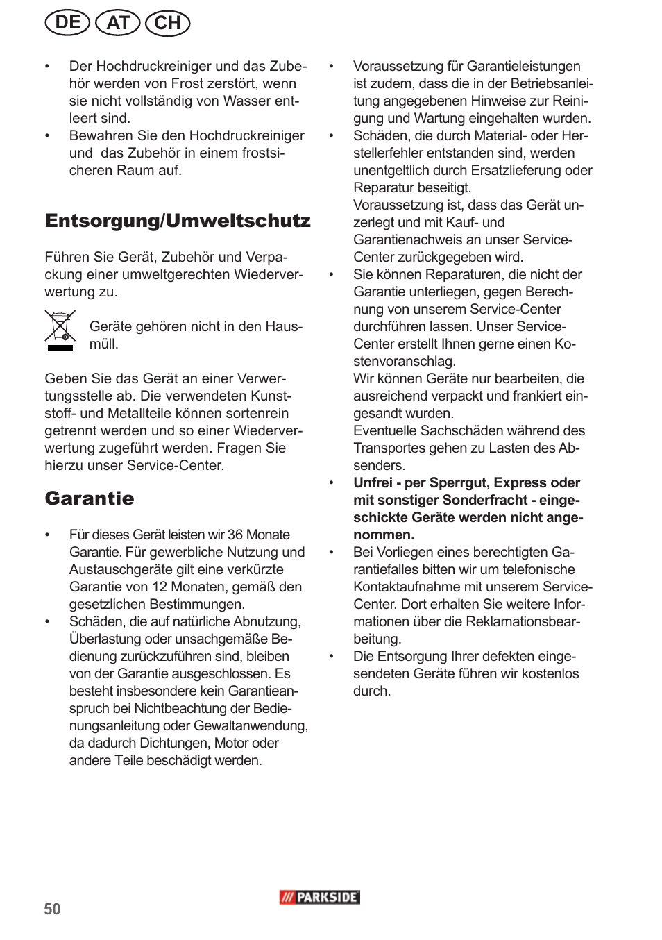 Ch at de, Entsorgung/umweltschutz, Garantie | Parkside PHD 150 A1 User Manual | Page 50 / 58