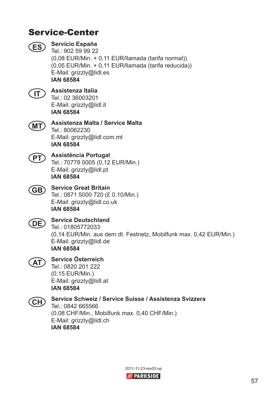 Service-center | Parkside PHD 150 A1 User Manual | Page 57 / 58