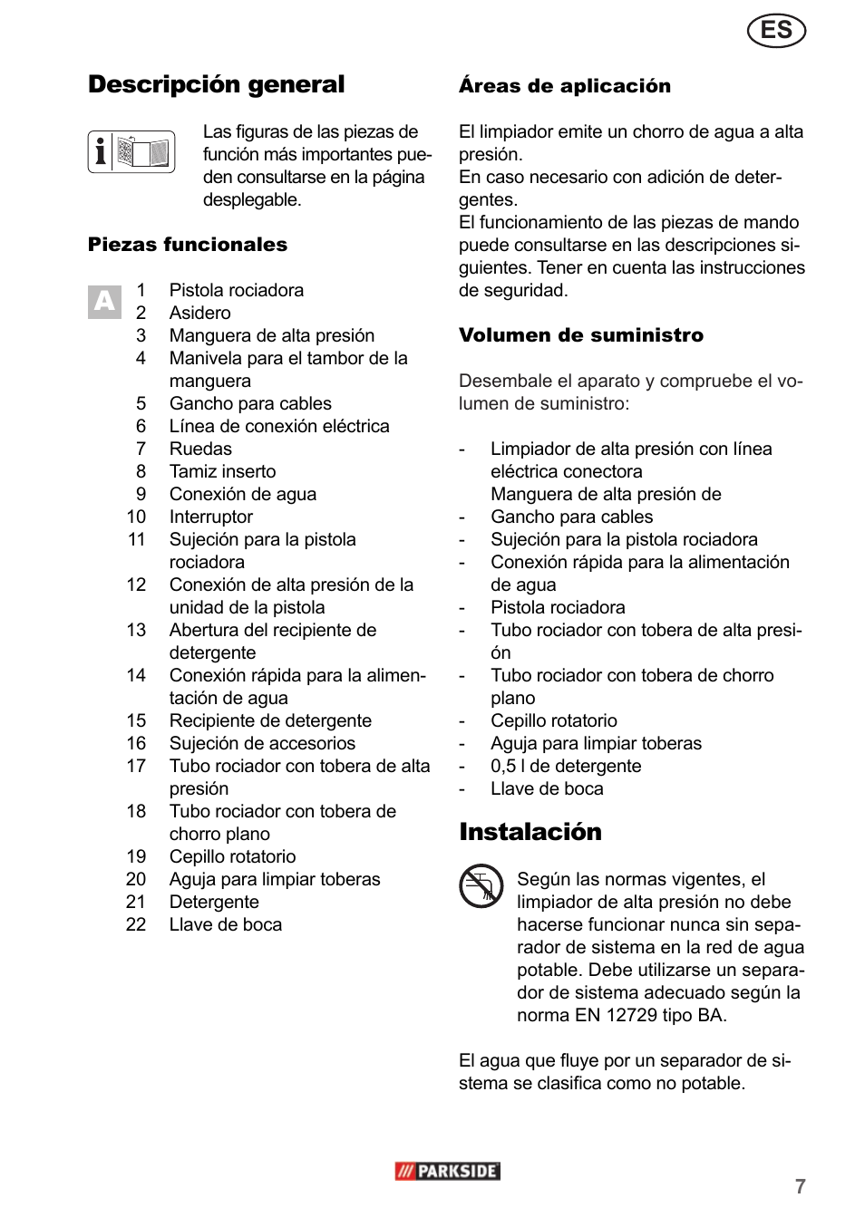 Es descripción general, Instalación | Parkside PHD 150 A1 User Manual | Page 7 / 58