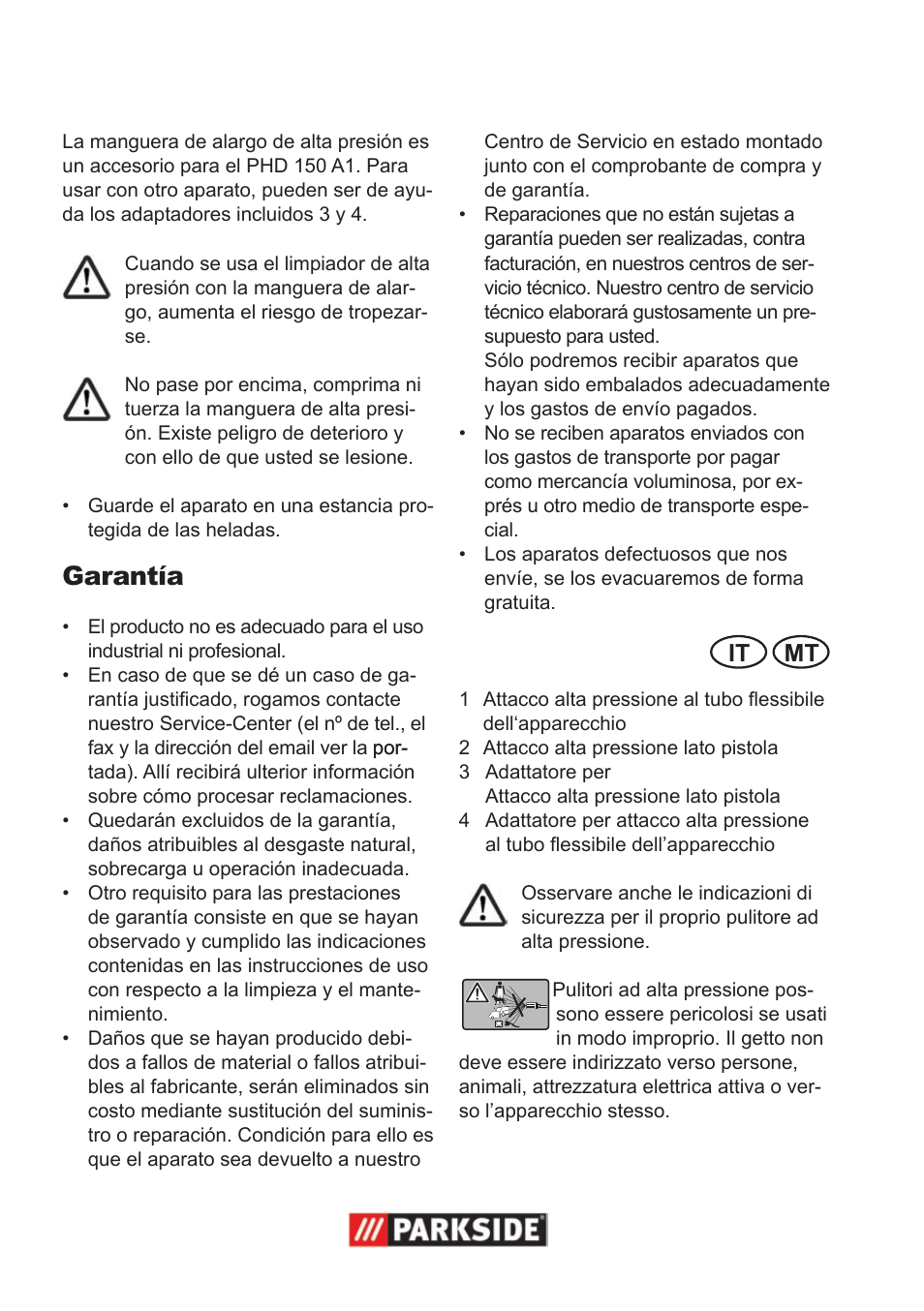 Garantía, It mt | Parkside High-Pressure Extension Hose User Manual | Page 2 / 8