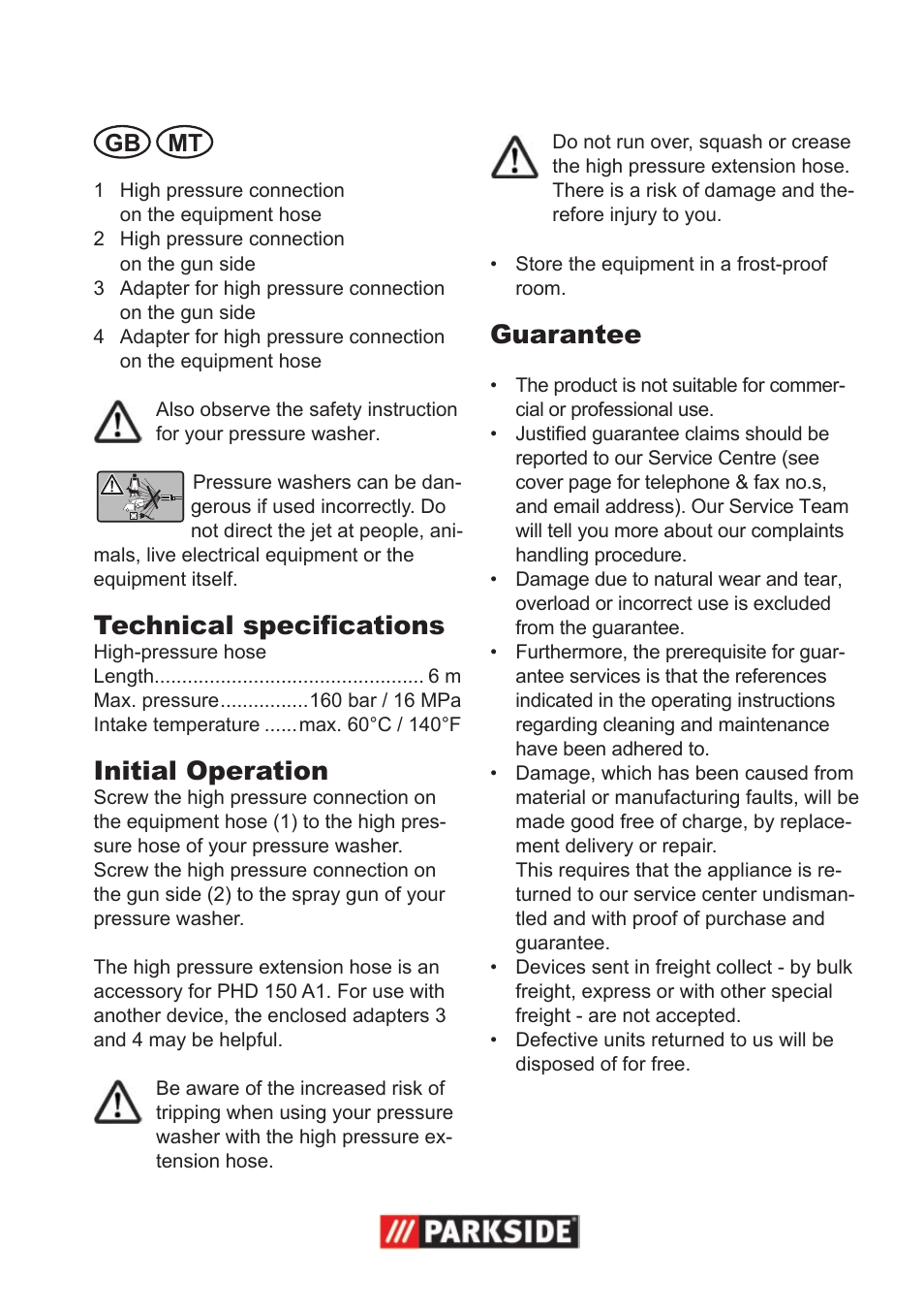 Technical specifications, Initial operation, Guarantee | Gb mt | Parkside High-Pressure Extension Hose User Manual | Page 5 / 8