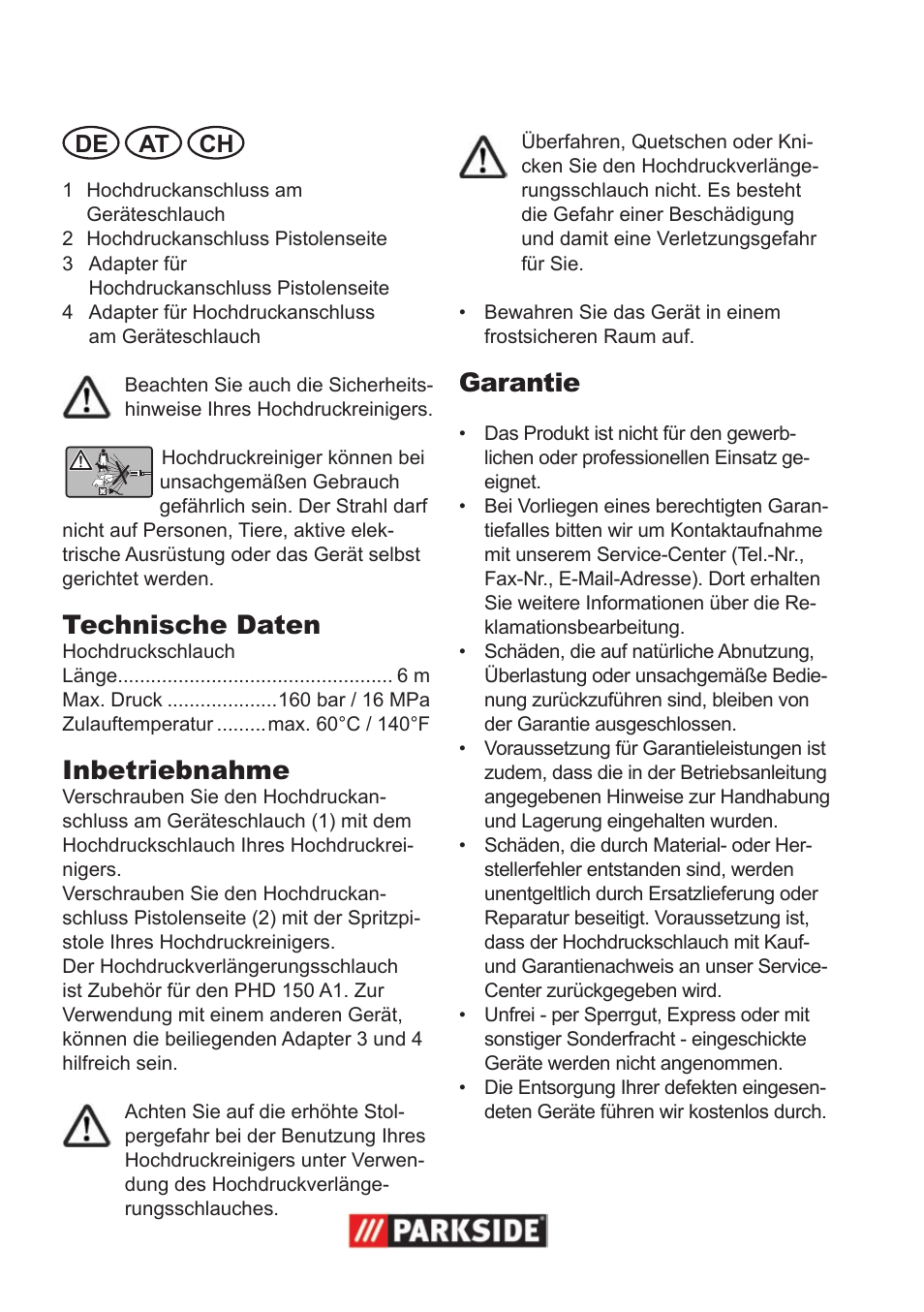 Technische daten, Inbetriebnahme, Garantie | De at ch | Parkside High-Pressure Extension Hose User Manual | Page 6 / 8
