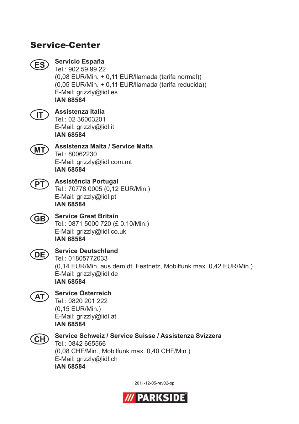 Service-center | Parkside High-Pressure Extension Hose User Manual | Page 7 / 8