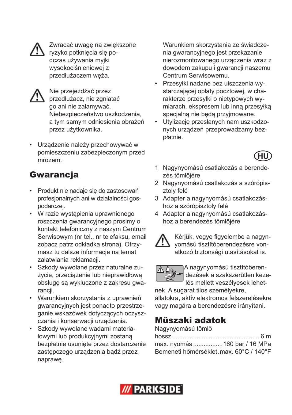 Gwarancja, Műszaki adatok | Parkside High-Pressure Extension Hose User Manual | Page 3 / 12