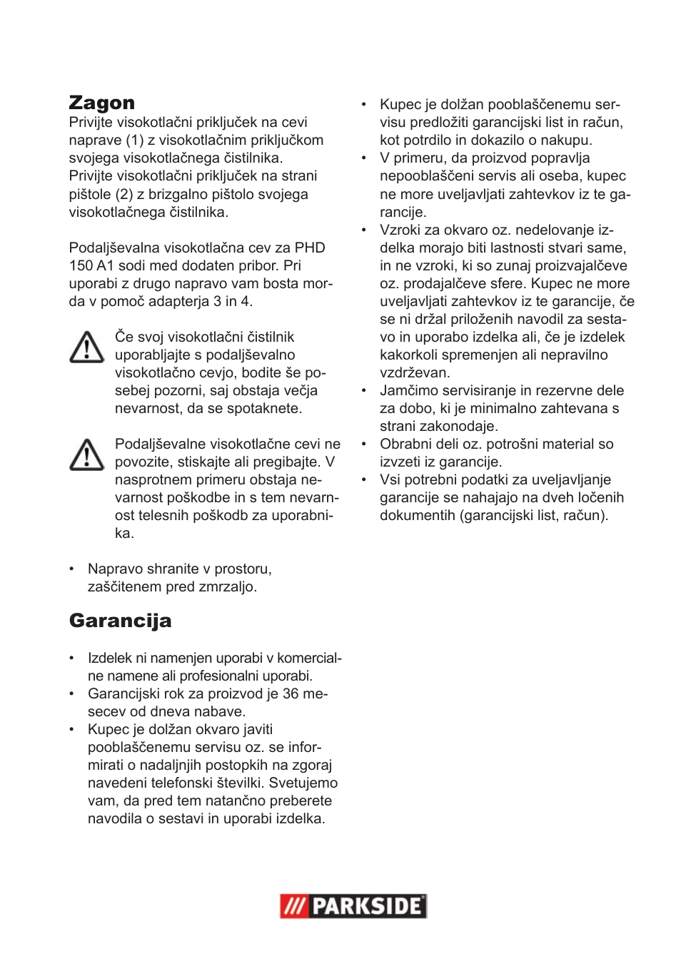 Zagon, Garancija | Parkside High-Pressure Extension Hose User Manual | Page 5 / 12