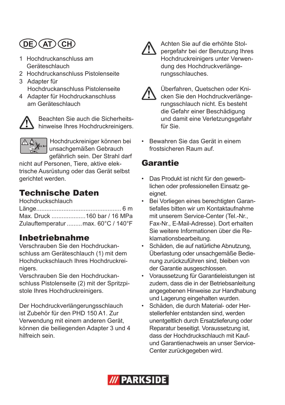 Technische daten, Inbetriebnahme, Garantie | De at ch | Parkside High-Pressure Extension Hose User Manual | Page 8 / 12