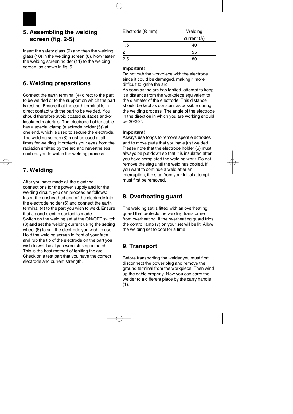 Assembling the welding screen (fig. 2-5), Welding preparations, Welding | Overheating guard, Transport | Parkside PESG 120 A1 User Manual | Page 10 / 28