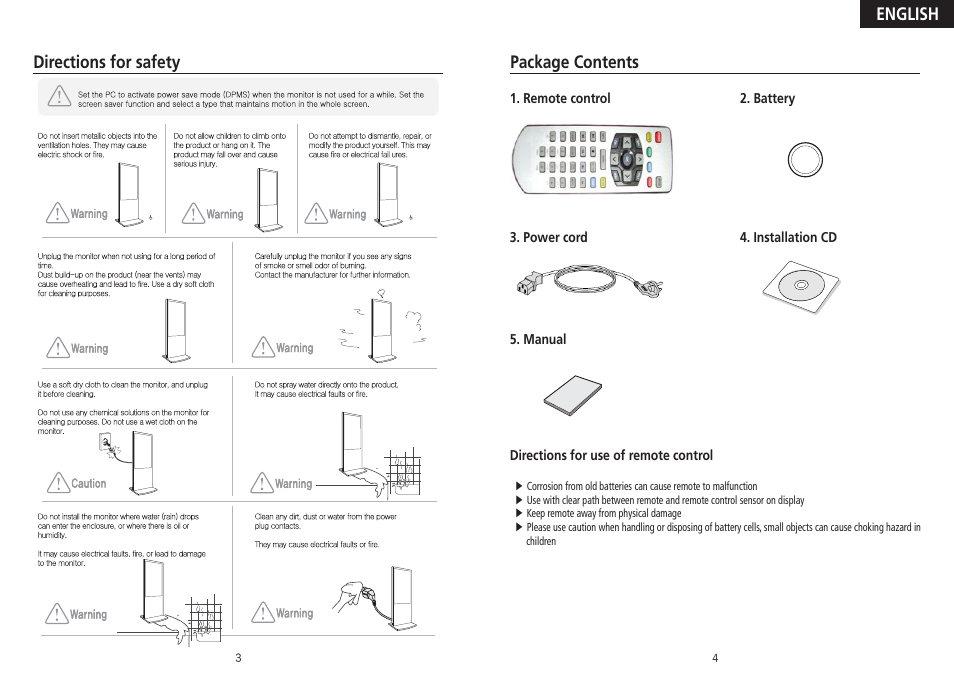 Directions for safety, Package contents, English | DoubleSight Displays DID46KSKM User Manual | Page 3 / 6