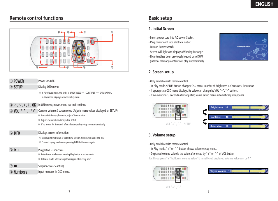 Remote control functions, Basic setup, English | Initial screen, Screen setup, Volume setup | DoubleSight Displays DID46KSKM User Manual | Page 5 / 6