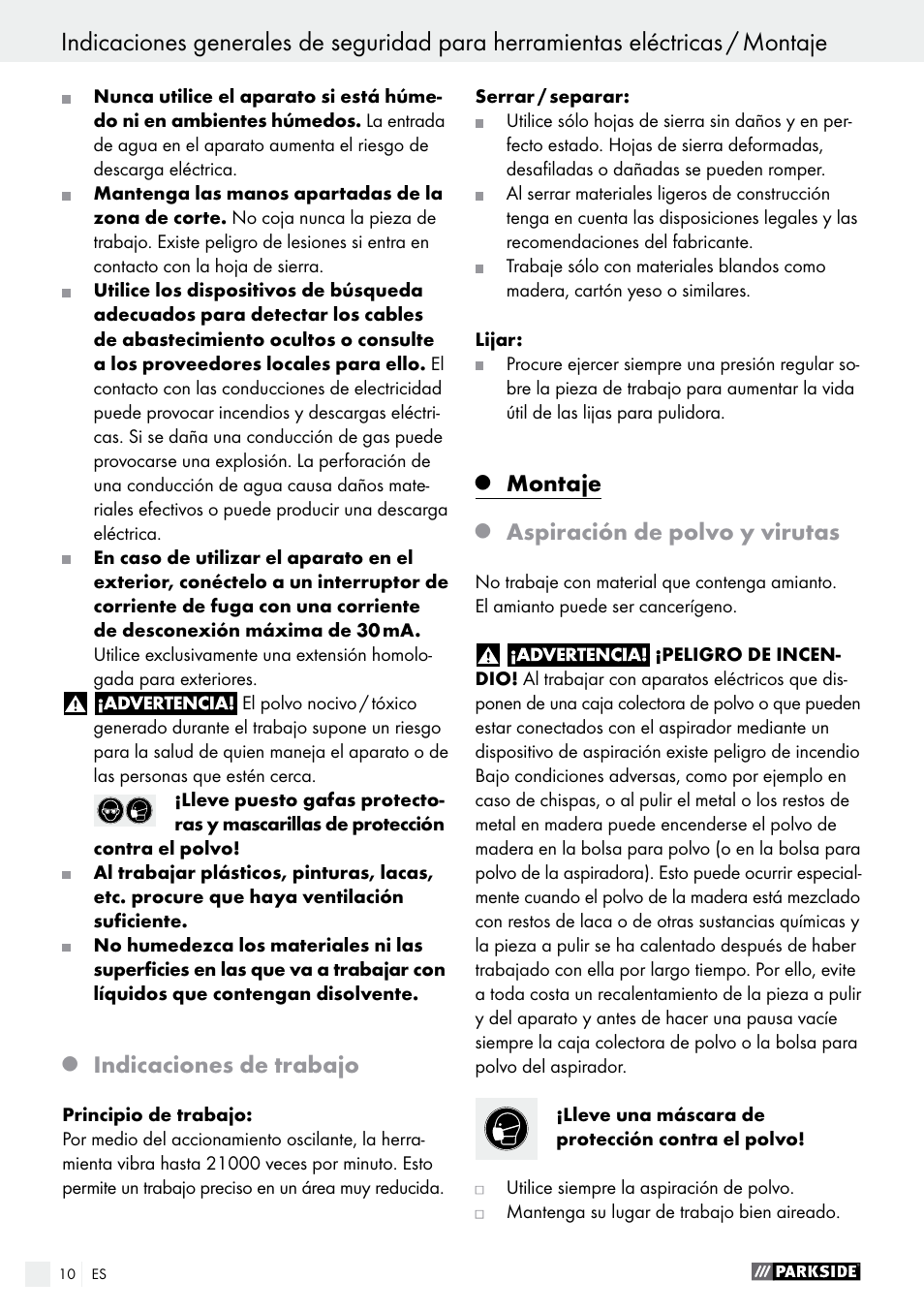 Indicaciones de trabajo, Montaje, Aspiración de polvo y virutas | Parkside PMFW 280 A2 User Manual | Page 10 / 55