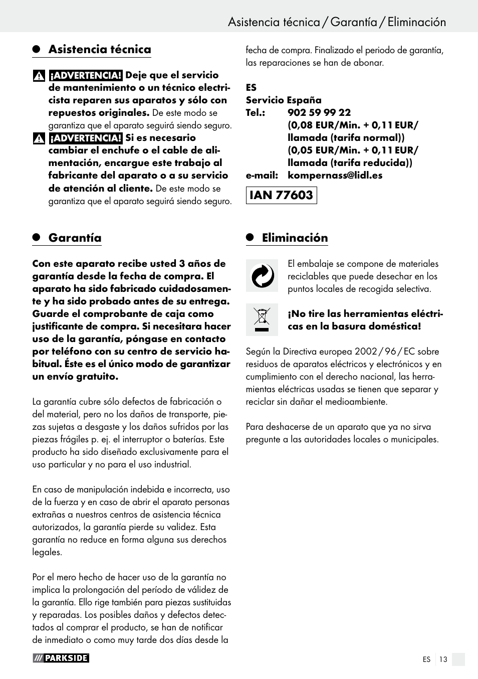 Asistencia técnica / garantía / eliminación, Asistencia técnica, Garantía | Eliminación | Parkside PMFW 280 A2 User Manual | Page 13 / 55