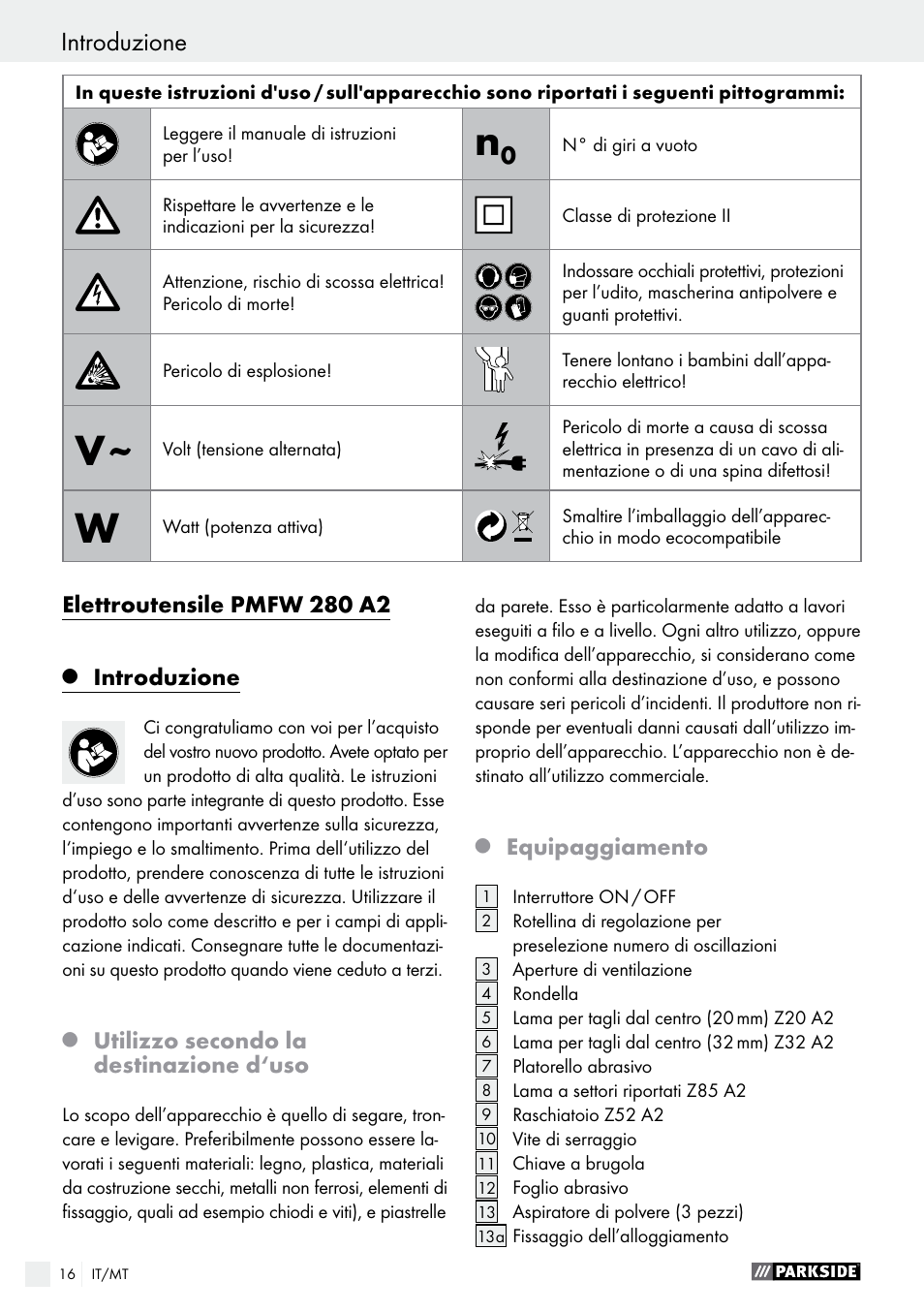 Introduzione | Parkside PMFW 280 A2 User Manual | Page 16 / 55