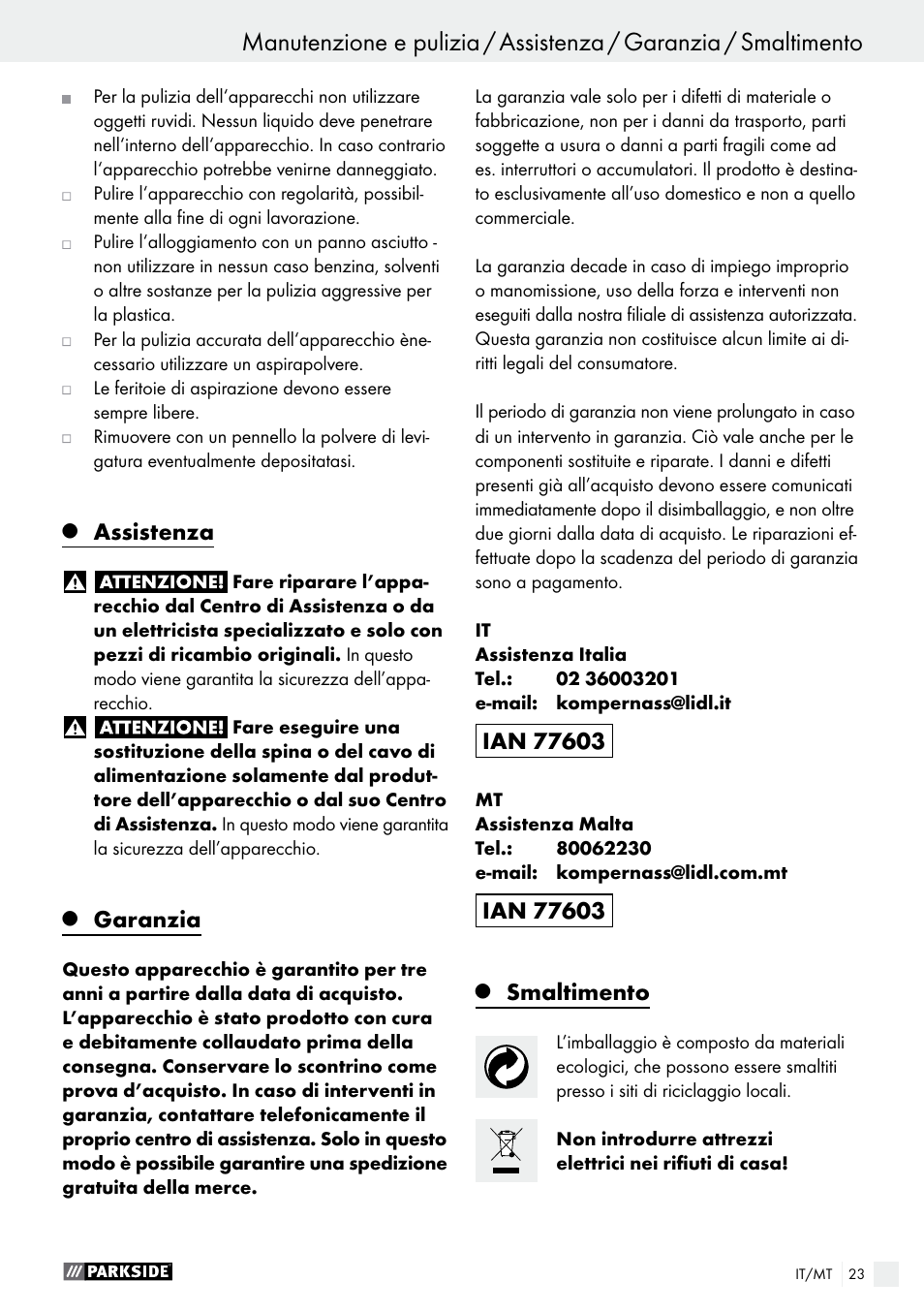 Assistenza, Garanzia, Smaltimento | Parkside PMFW 280 A2 User Manual | Page 23 / 55