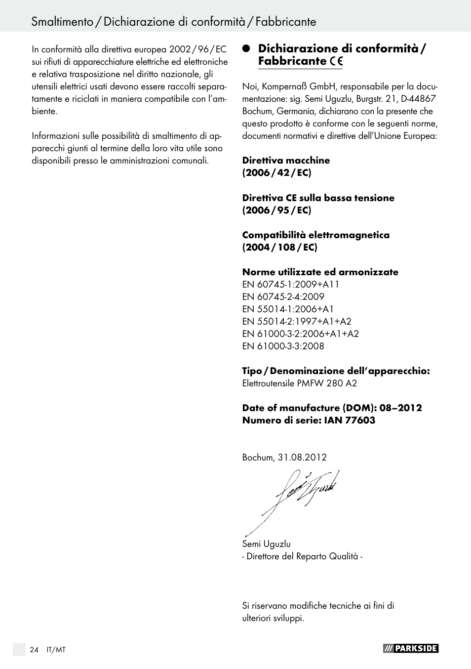 Índice | Parkside PMFW 280 A2 User Manual | Page 24 / 55