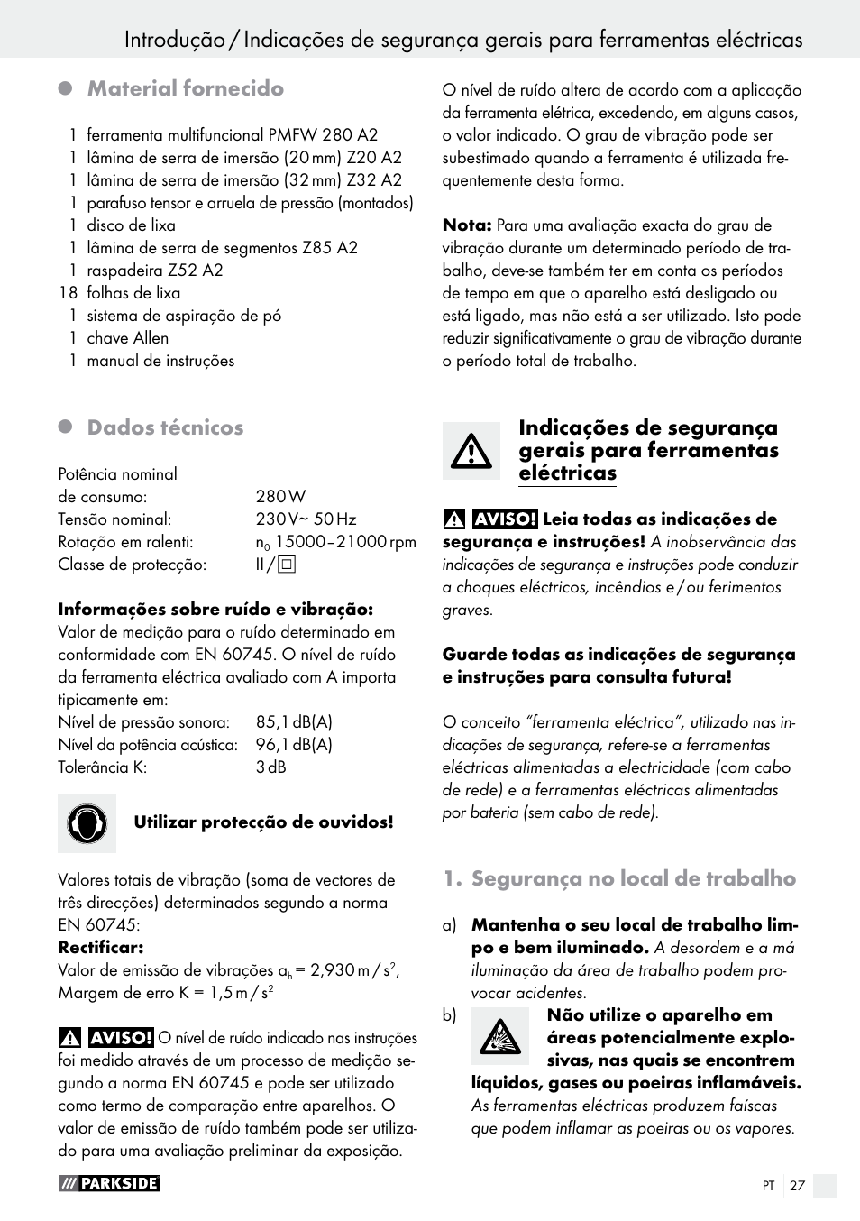 Material fornecido, Dados técnicos, Segurança no local de trabalho | Parkside PMFW 280 A2 User Manual | Page 27 / 55