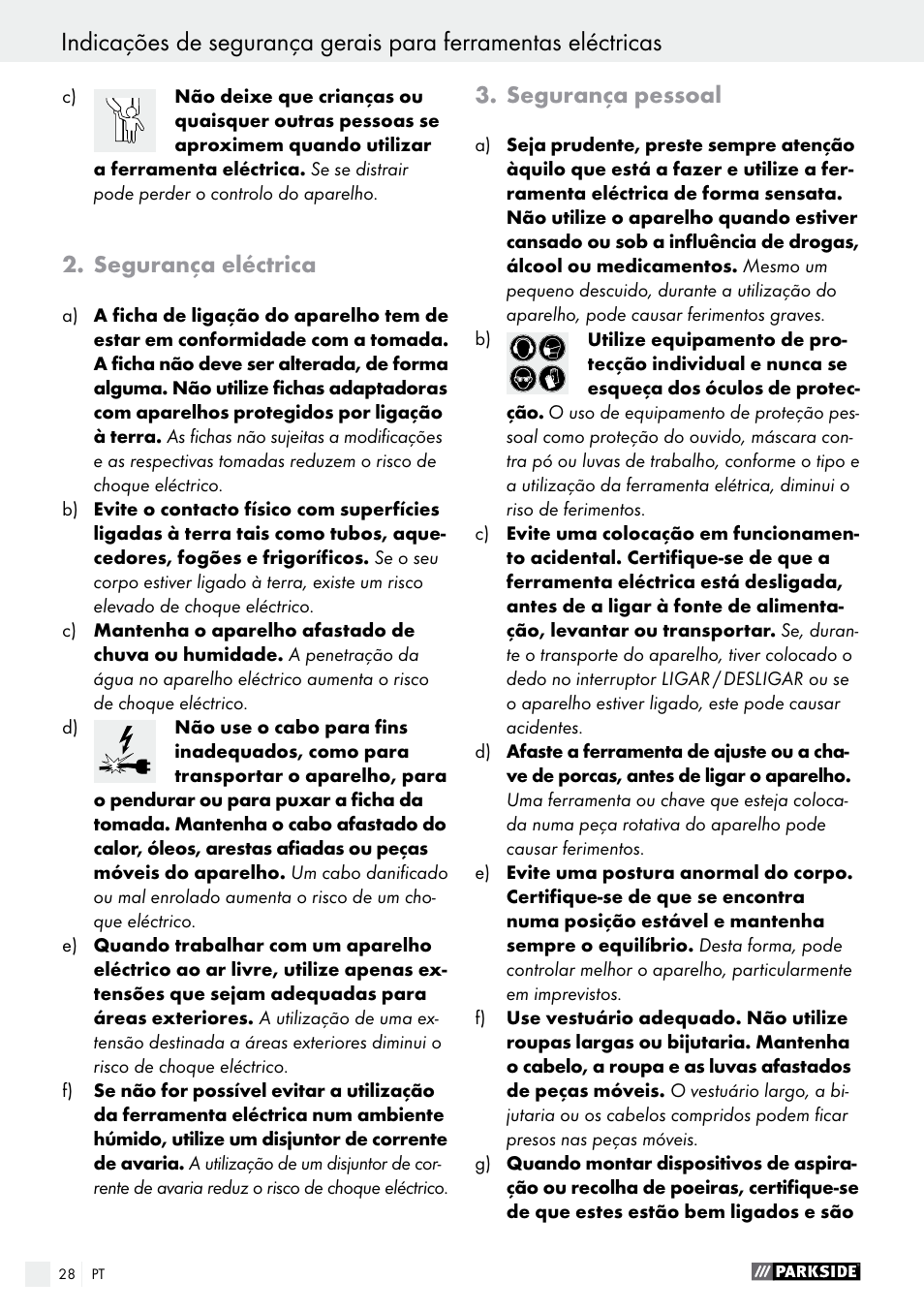 Segurança eléctrica, Segurança pessoal | Parkside PMFW 280 A2 User Manual | Page 28 / 55