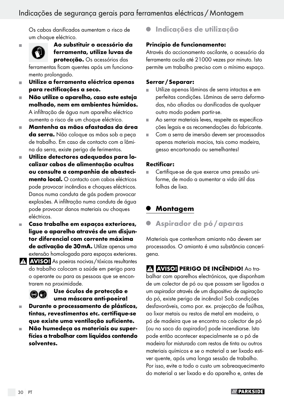 Indicações de utilização, Montagem, Aspirador de pó / aparas | Parkside PMFW 280 A2 User Manual | Page 30 / 55