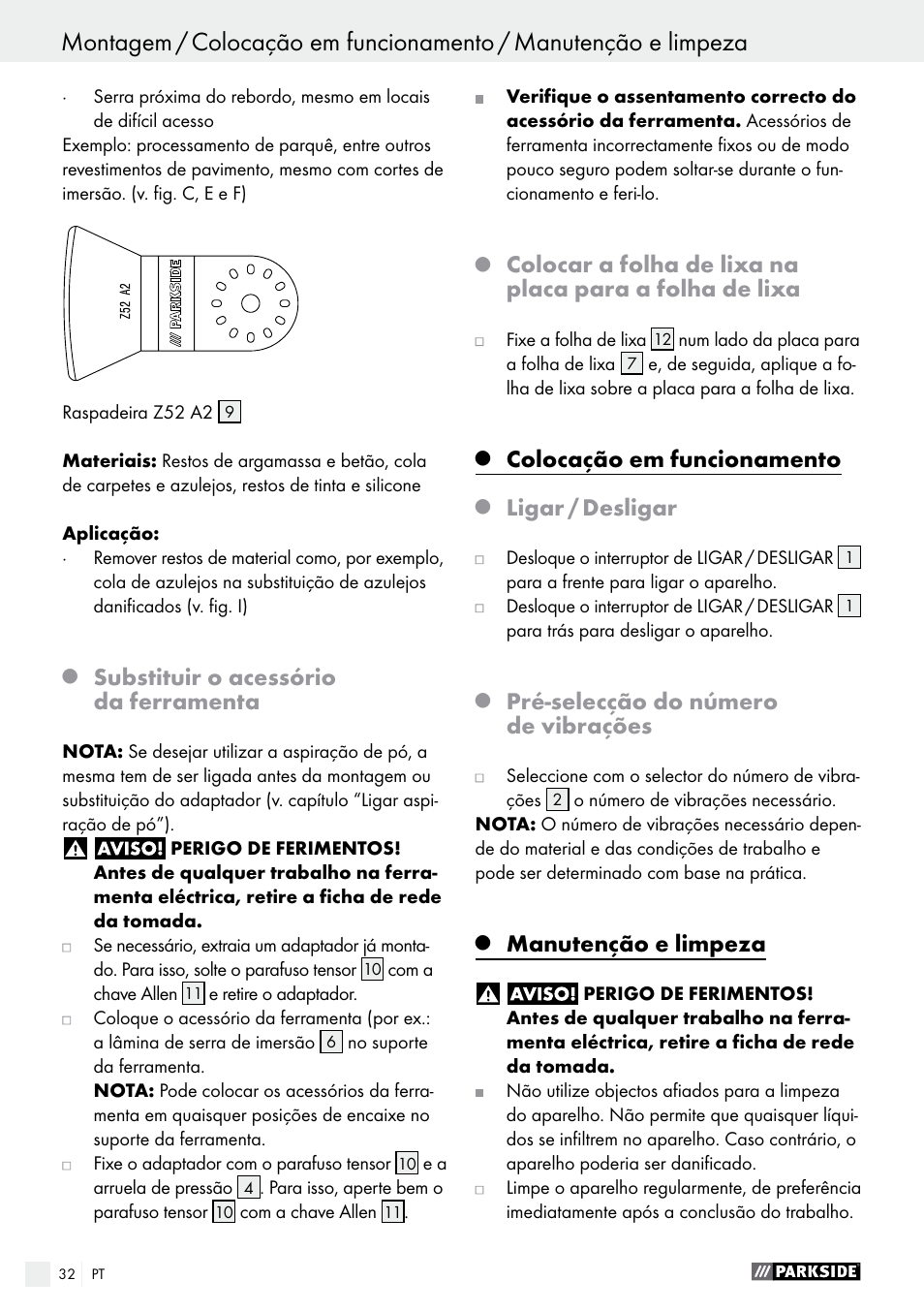 Substituir o acessório da ferramenta, Colocação em funcionamento, Ligar / desligar | Pré­selecção do número de vibrações, Manutenção e limpeza | Parkside PMFW 280 A2 User Manual | Page 32 / 55